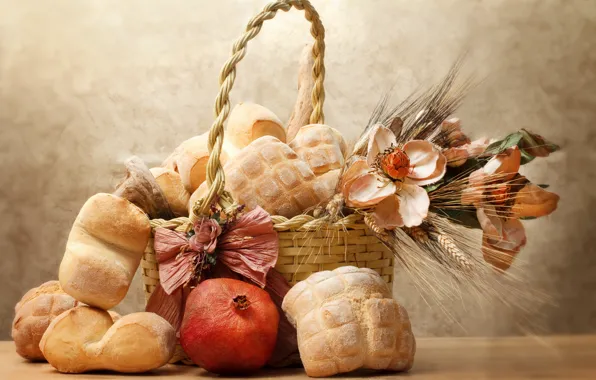 Цветы, корзина, хлеб, натюрморт, гранат