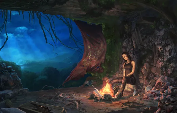 Картинка ночь, черепа, Tomb Raider, крофт, лара, скилеты