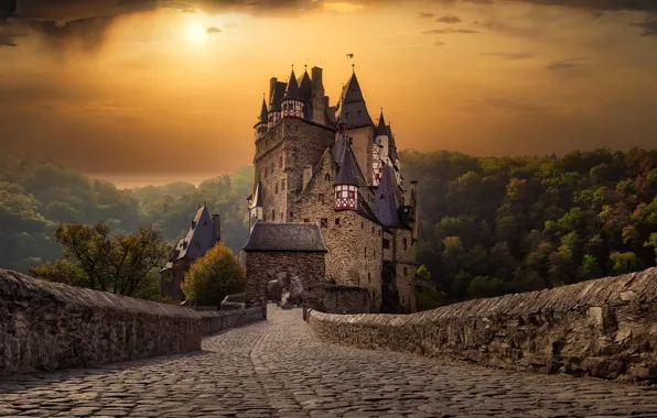 Закат, природа, замок, Германия, Burg Eltz