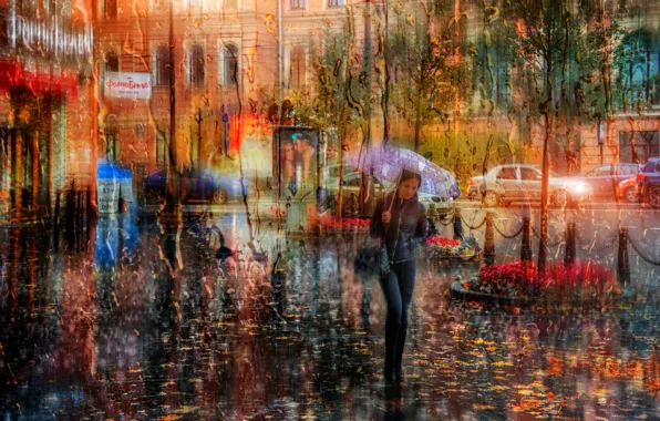 Картинка девушка, дождь, зонт, Санкт-петербург