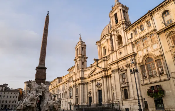 Картинка Рим, Италия, собор, обелиск, Пьяцца Навона, фонтан четырех рек