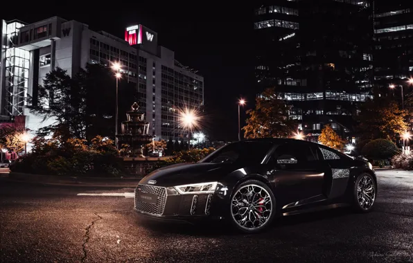 Авто, Ночь, Город, Машина, Audi R8, Car, Black, Спорткар