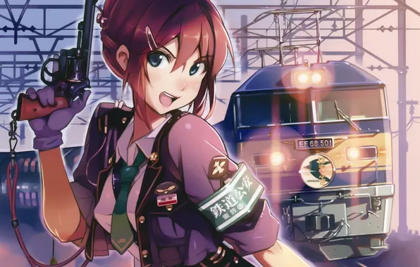 Картинка девушка, пистолет, оружие, поезд, аниме, арт, vania600, rail wars!