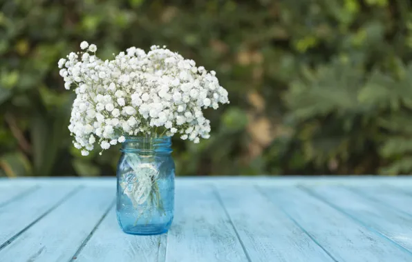 Картинка цветы, стол, букет, ваза, blue, flowers, white flowers