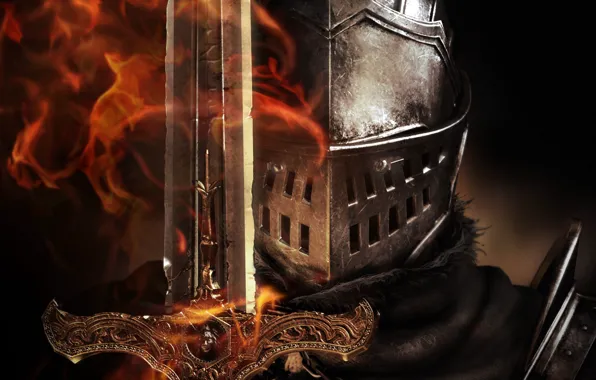 Картинка пламя, меч, шлем, броня, рыцарь, Dark Souls