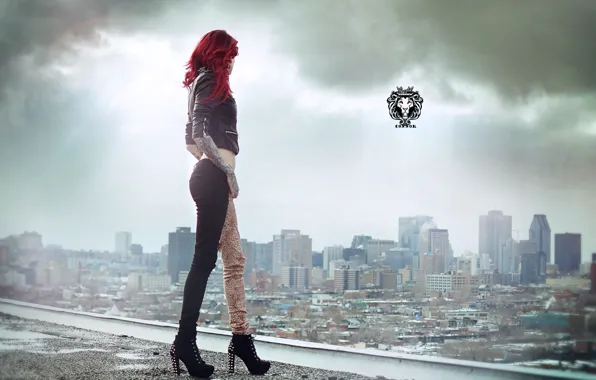 Girl, City, Redhead, Roof