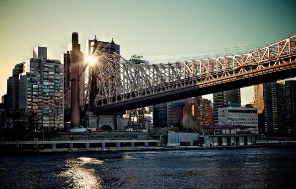 Мост, город, утро, мегаполис, New York, NYC, Queensboro bridge, USА