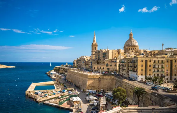 Море, тепло, здания, дома, набережная, Malta, Мальта, Валлетта