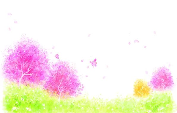 Картинка трава, деревья, бабочки, цветы, лепестки