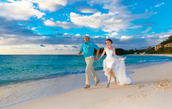 Картинка море, пляж, невеста, beach, sea, жених, the bride, the groom