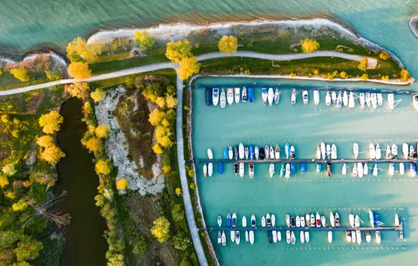 Дорога, море, осень, деревья, берег, вид, пристань, лодки