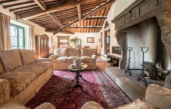 Дизайн, стиль, интерьер, Италия, камин, гостиная, столовая, Tuscany