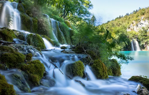 Деревья, горы, озеро, водопад, мох, trees, mountains, lake