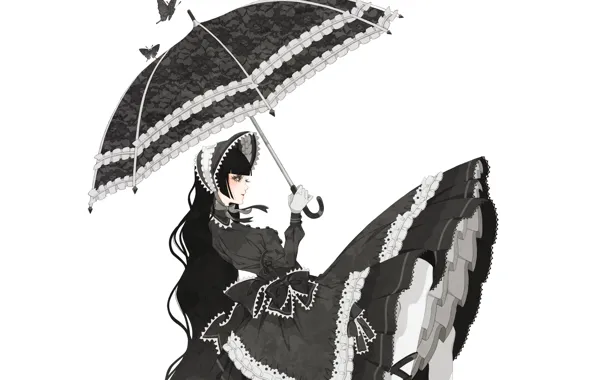Девушка, бабочки, зонт, банты, пышное платье, Gothic Lolita, готическая лолита