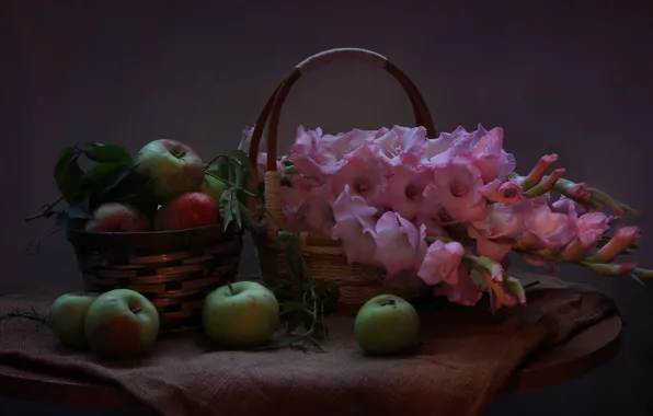 Лето, цветы, яблоки, август, натюрморт, гладиолусы