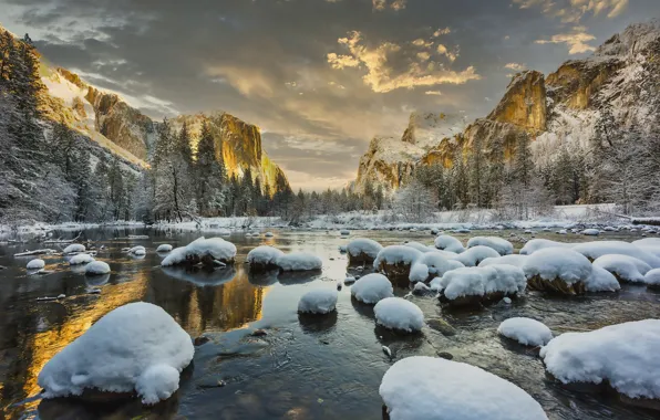 Картинка снег, горы, озеро, камни, США, Йосемити