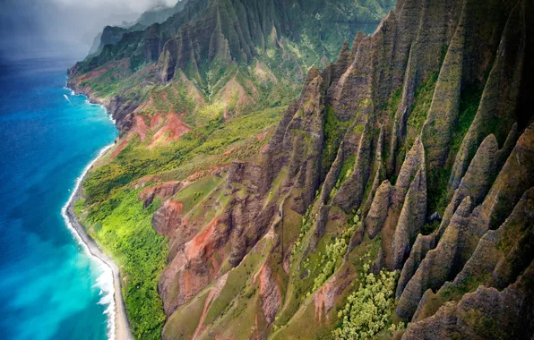 Картинка море, горы, океан, берег, Гавайи, США, штат, остров Кауаи