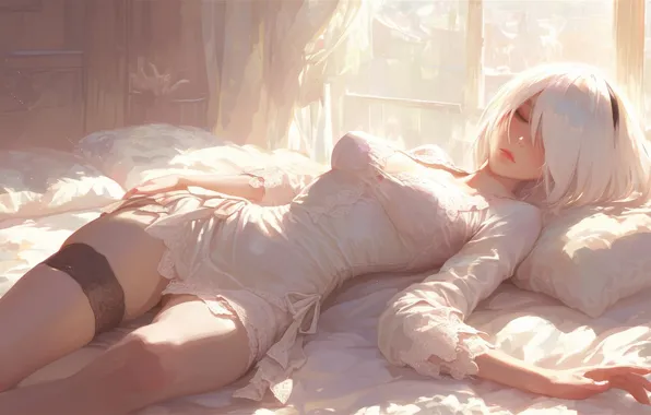 White, morning, sunrise, white hair, warm light, video game characters, 2B (Nier Automata), leisurely resting