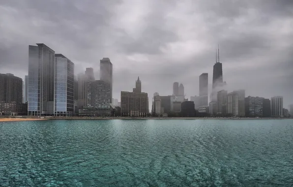 Картинка небо, вода, туман, здания, небоскребы, USA, америка, чикаго