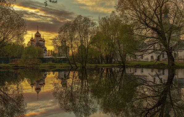 Картинка деревья, природа, город, отражение, вечер, храм, водоём, Переславль-Залесский