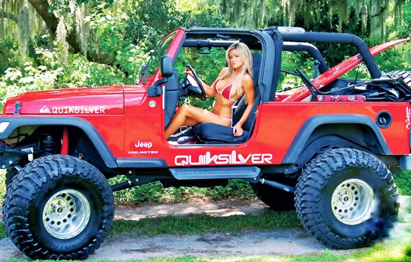 Купальник, взгляд, деревья, девушки, Эротика, Jeep, красный авто, желень