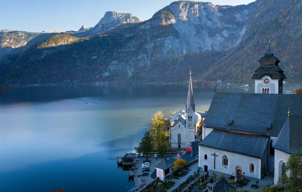 Горы, озеро, Австрия, Альпы, церковь, Austria, Hallstatt, Alps