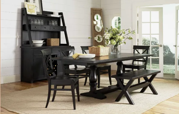 House, vintage, interior, villa, dining room, black wooden, dining table