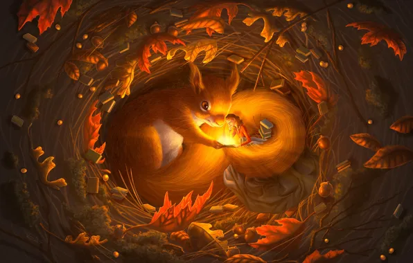 Осень, Белка, Red, Fantasy, Fall, Фантастика, Autumn, Squirrel