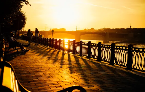 Картинка city, light, river, bridge, sunset, young, evening, sun