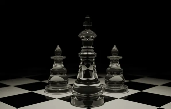 Рендеринг, блеск, клетка, шахматы, черный фон, стеклянные, слоны, трио