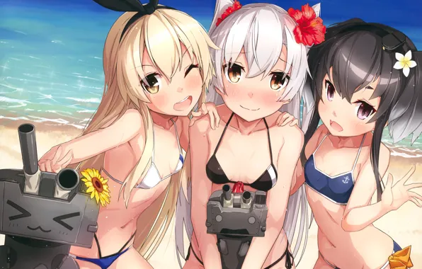 Пляж, Девушки, Лето, Kantai Collection, takanashi kei (hitsujikan)