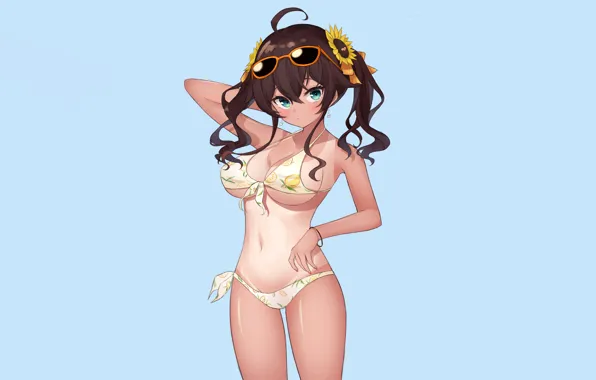 Girl, sexy, cleavage, green eyes, long hair, brown hair, boobs, anime