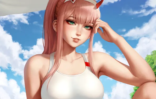 Girl, sexy, pink hair, horns, green eyes, long hair, boobs, anime