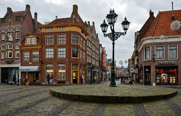 Город, фото, улица, дома, фонари, Нидерланды, Alkmaar
