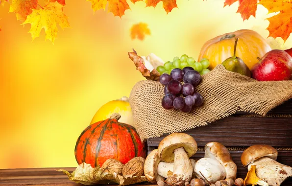 Картинка осень, листья, яблоки, грибы, урожай, виноград, тыквы, фрукты