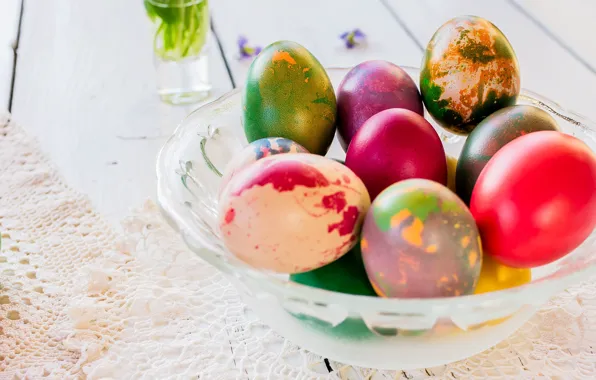 Картинка праздник, яйца, Пасха, кружево, салфетка, Easter, крашенки, вазочка