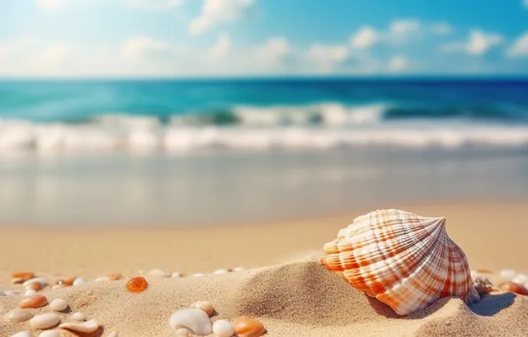Картинка песок, море, пляж, лето, небо, берег, ракушки, summer