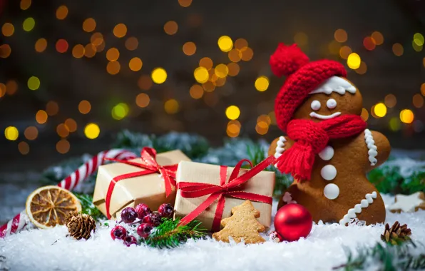 Новый Год, Рождество, winter, snow, bokeh, merry christmas, cookies, decoration