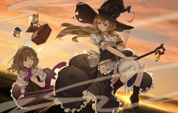 Девушки, метла, Touhou, ведьмочки, Тоухоу