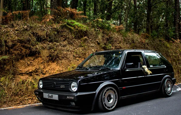 Картинка Volkswagen, Front, Black, Golf, Stance, GOlf Mk2