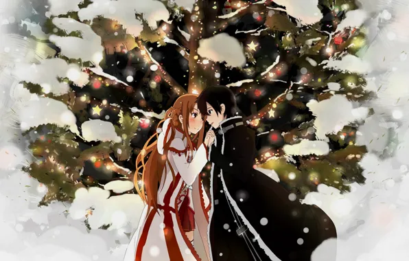Зима, аниме, арт, Мастера меча онлайн, Sword Art Online, Асуна, Кирито