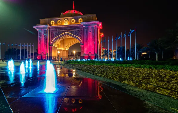 Картинка ночь, огни, фонтан, отель, ОАЭ, Абу-Даби, Emirates Palace