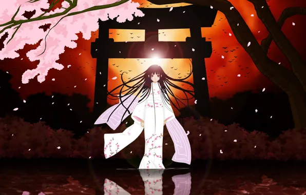 Ночь, ведьма, кимоно, Enma Ai, Hell Girl, Jigoku Shoujo, кровавая Луна, адская девочка