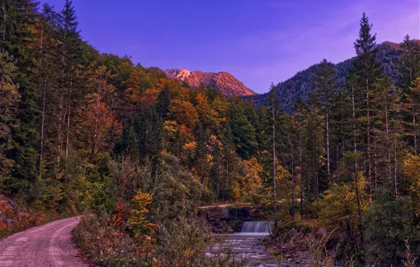 Картинка осень, лес, небо, горы, водопад, Австрия