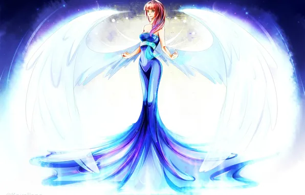 Крылья, синее платье. свет, аниме. девушка. ангел