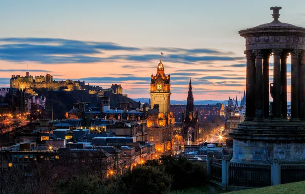 Картинка закат, город, вечер, Шотландия, панорама, Scotland, Эдинбург, Edinburgh
