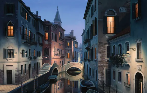 Город, Италия, Венеция, канал, живопись, Italy, гондола, painting