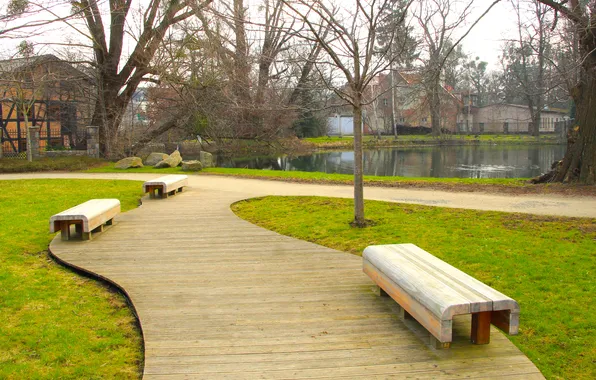 Park, bench, alley