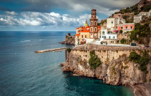 Море, скала, побережье, здания, дома, Италия, Italy, Campania