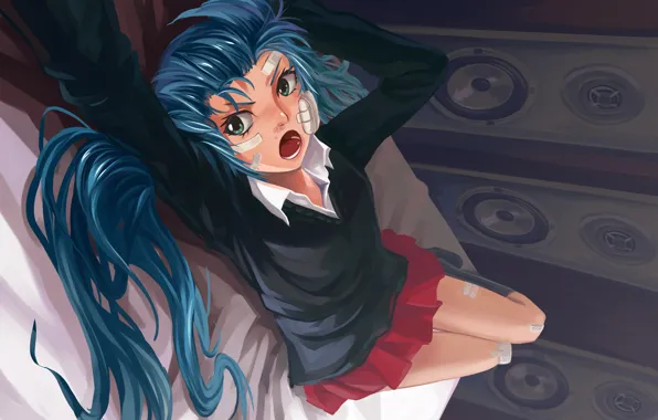 Девушка, поза, настроение, злость, колонки, лежит, vocaloid, hatsune miku